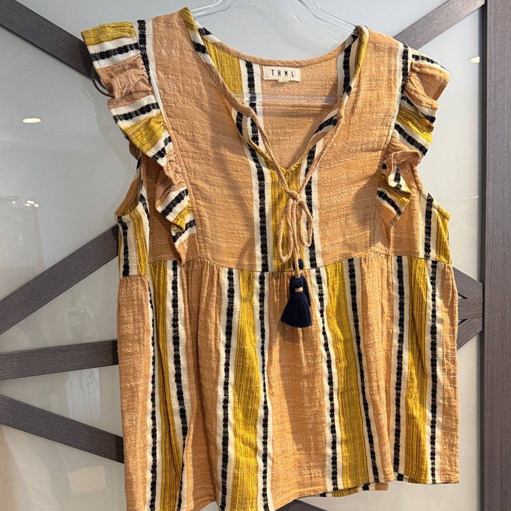 THML Mustard Stripe Ruffle Sleeve Peasant Top - Picture 3 of 7